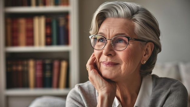 Une femme âgée souriante et réfléchie avec des lunettes.