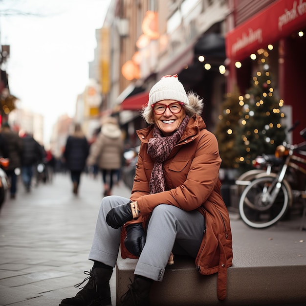Femme âgée souriante en vêtements d'hiver assise sur une marche sur fond de rue de ville de Noël