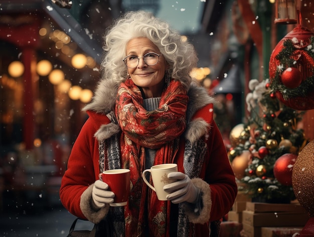 Femme âgée souriante en vêtements d'hiver marchant sur fond de rue de ville de Noël