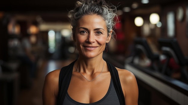 femme âgée souriante en vêtements de sport avec les bras croisés