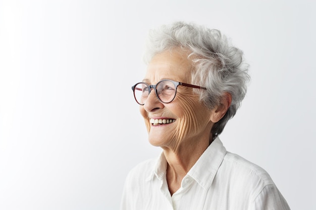 une femme âgée sourit joyeusement sur un fond chaud de style bokeh