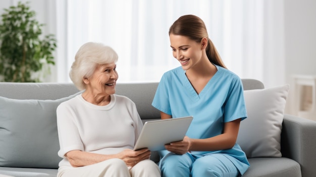 Femme âgée de soutien professionnel en soins infirmiers pour une aide médicale avec une assurance pour la retraite à la maison