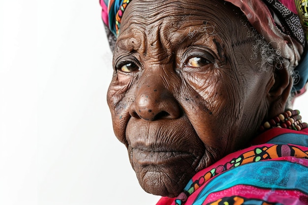 Une femme âgée sud-africaine sur un fond blanc