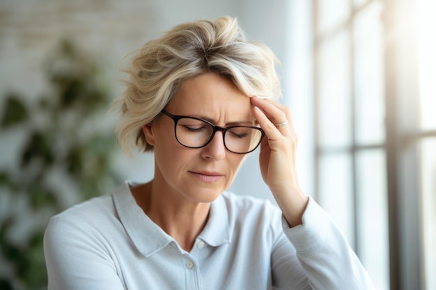 Femme âgée surmenée souffrant de maux de tête au bureau