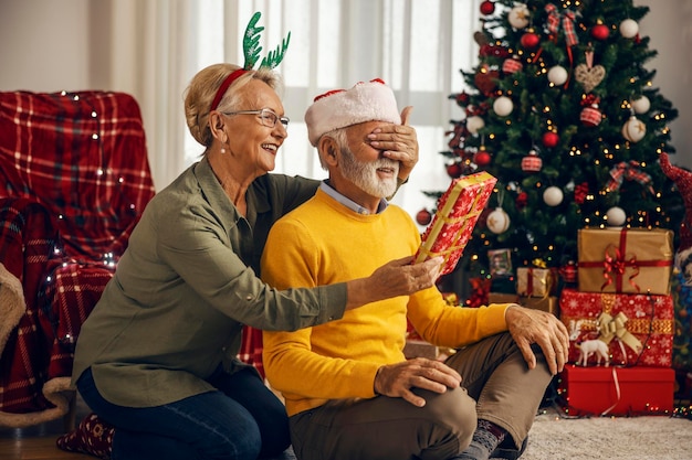 Une femme âgée surprend son mari avec un cadeau de Noël pour le Nouvel An à la maison.