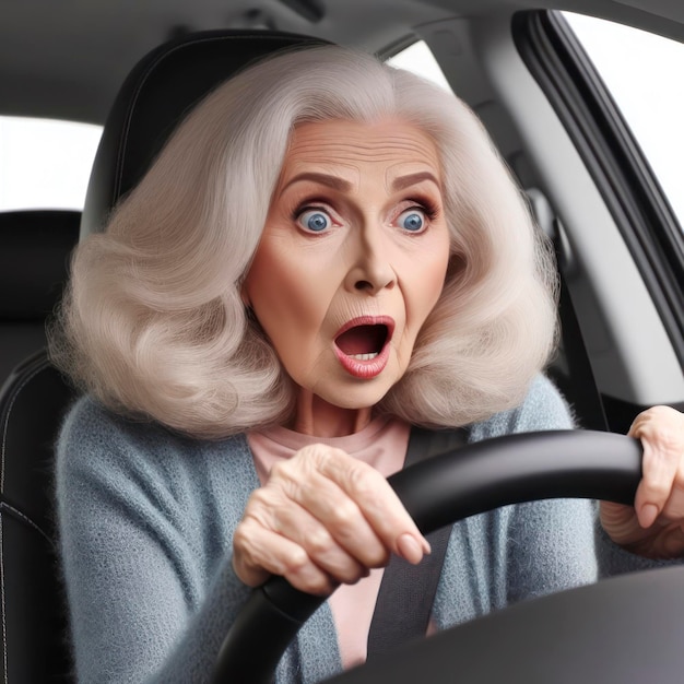 Une femme âgée surprise conduisant une voiture sur un fond blanc