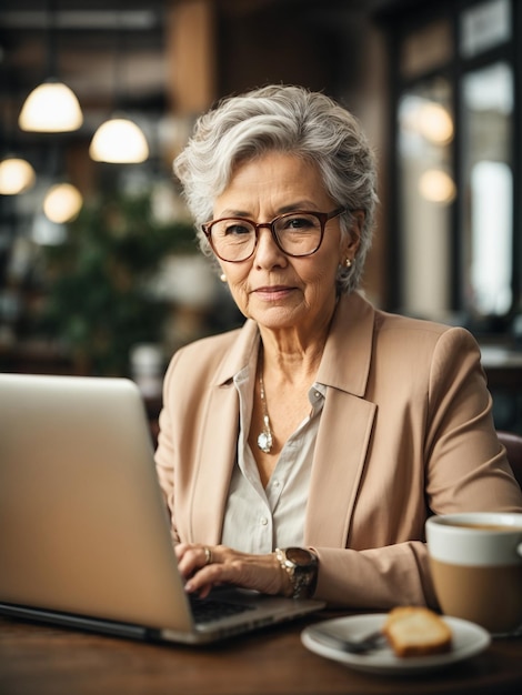 Photo une femme âgée sympathique dans des lunettes travaillant sur un ordinateur portable dans un café à table habillée en ton neutre