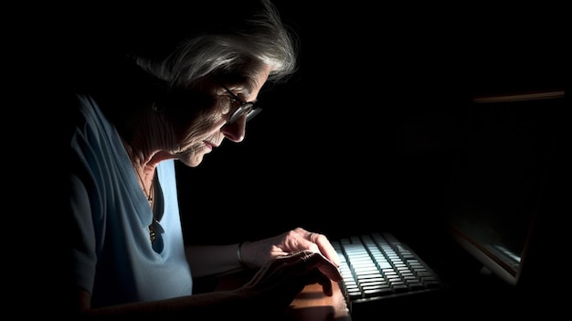 Une femme âgée tape sur un clavier dans le noir.