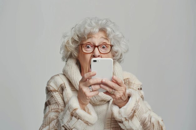 femme âgée avec téléphone surpris