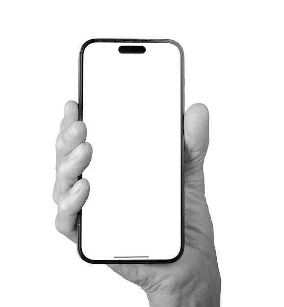 Une femme âgée tenant un smartphone avec un écran gris vide en position verticale et un écran clair