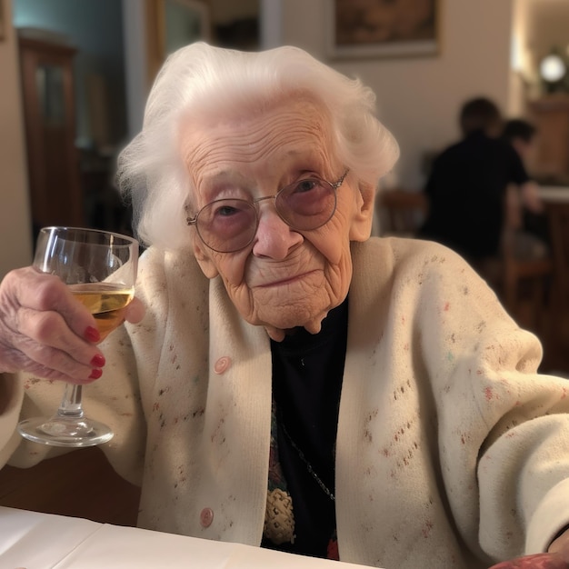 Une femme âgée tenant un verre de vin à la main