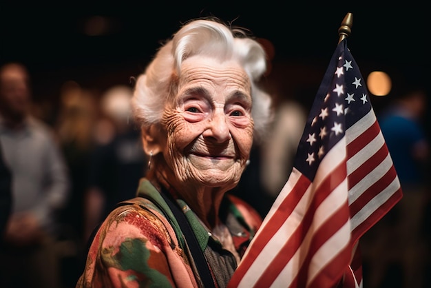 Une femme âgée tient un drapeau américain dans ses mains