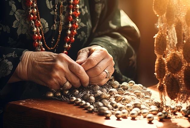 une femme âgée tient leurs chapelets sur un banc à l'église dans le style de textures luxueuses