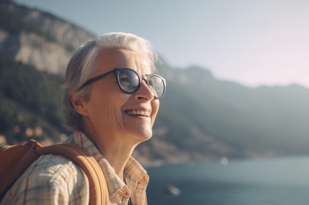 Femme âgée touriste Nature aventure Générer Ai