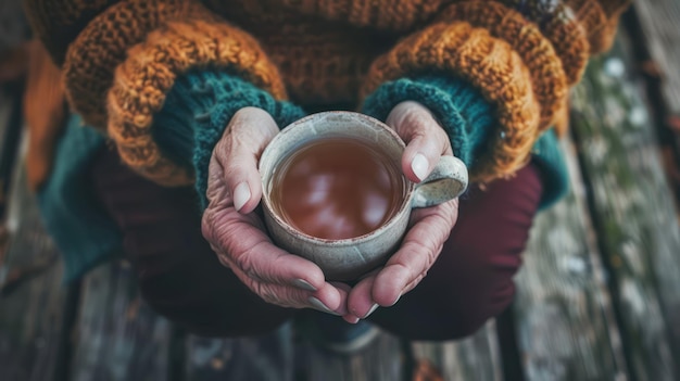 Une femme âgée tranquille profitant du rituel quotidien du thé pour se soigner consciemment et se sentir sereine dans la nature