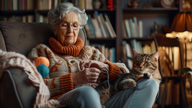 Une femme âgée tricotant dans une pièce confortable avec un chat sur ses genoux atmosphère chaleureuse et chaleureuse activité de loisirs intérieure sereine AI