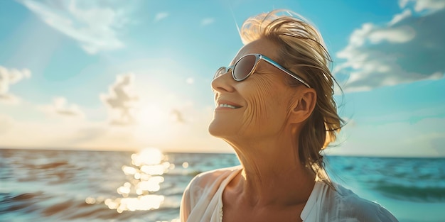 Une femme âgée trouve le bonheur pur en s'imprégnant du soleil et en embrassant la paix au bord de la côte Concept Serenité côtière Aînée Bénédiction ensoleillée Délice Réflexion paisible Bonheur au large de la mer