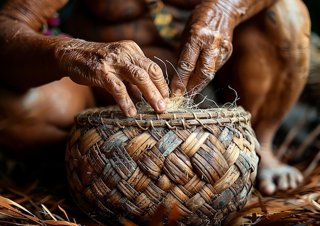 une femme âgée utilise un panier en bambou avec une poignée en bambou