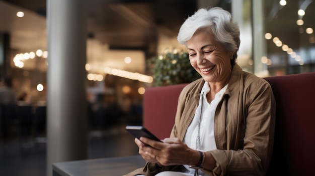 Une femme âgée utilise un smartphone et de nouvelles technologies dans sa vie Créé avec la technologie Generative AI