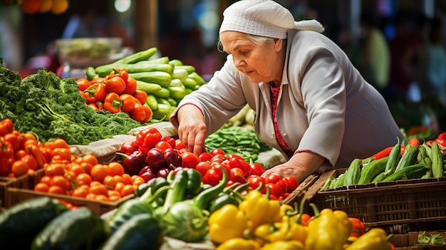 Photo une femme âgée vend des légumes frais au marché local.