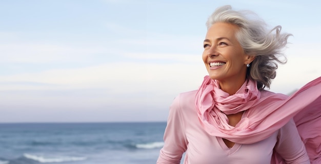 Une femme âgée avec une veste rose sur le bras souriant sur la plage.