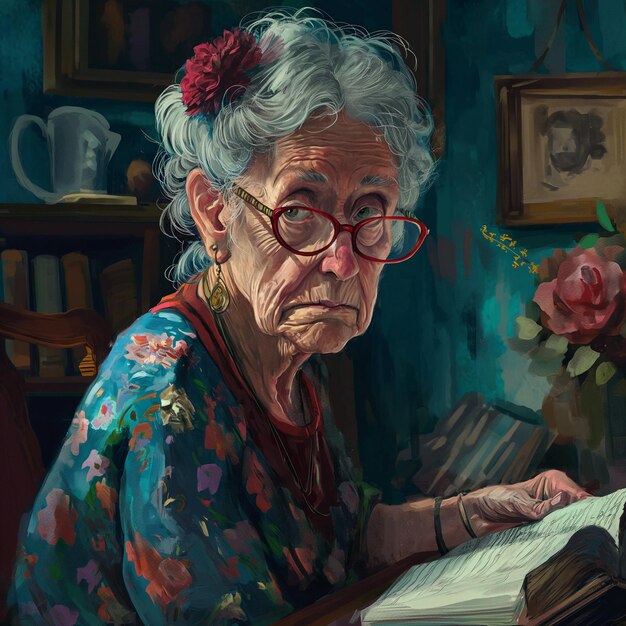 Femme âgée ou vieille grand-mère en lunettes lisant un livre Peinture à l'huile