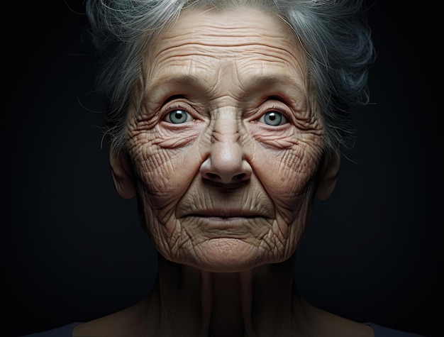 femme âgée avec un visage au bout du fond gris
