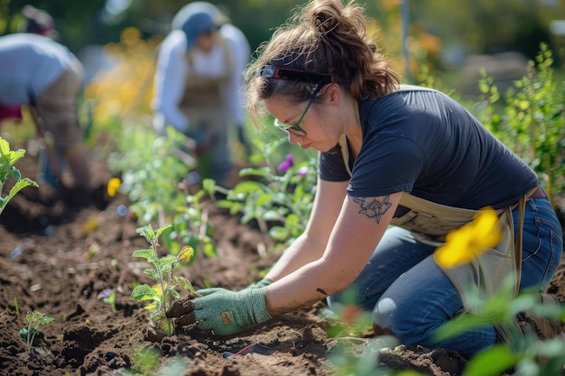 Une femme agenouillée dans un champ de plantes.