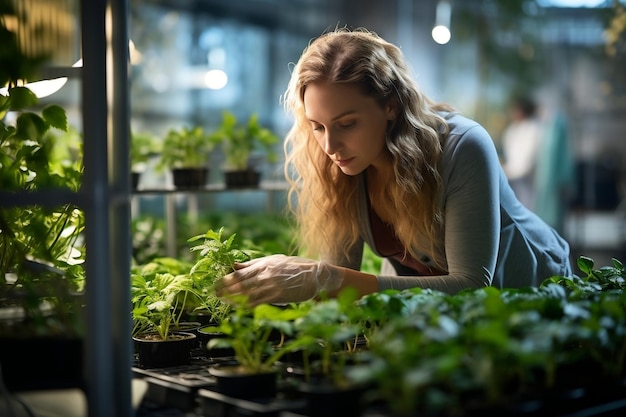 Une femme agronomiste biologiste cultivant des plantes vertes générative Ai