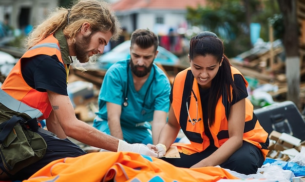 Photo une femme aide un homme avec une chemise orange