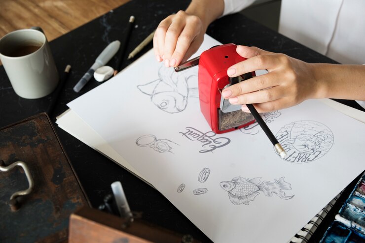 Photo femme aiguiser le crayon sur une table noire