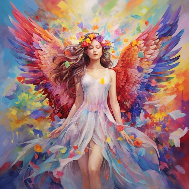 une femme avec des ailes d'ange et des ailes peintes dans un arc-en-ciel de couleurs.