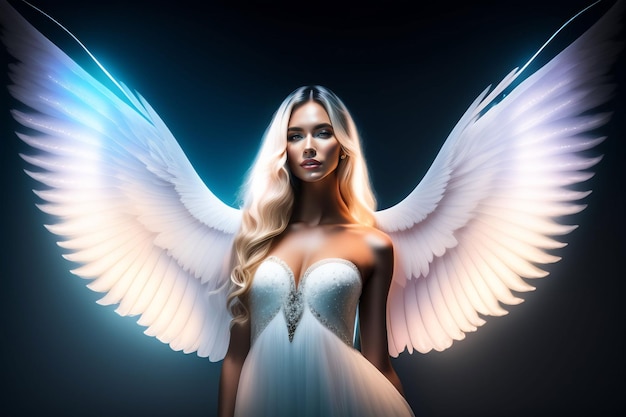 Une femme avec des ailes d'ange blanches sur fond sombre