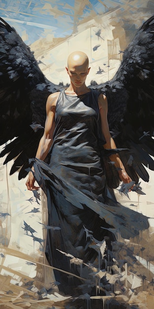 une femme avec des ailes qui se tient devant une affiche qui dit ailes d'ange