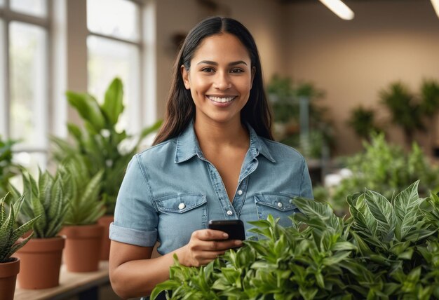 Une femme aime jardiner à l'intérieur et s'occupe de plantes en pot avec un arrosoir.