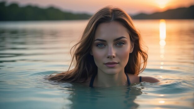 Photo une femme aime nager sereinement dans le lagon au crépuscule dans la piscine de nature39