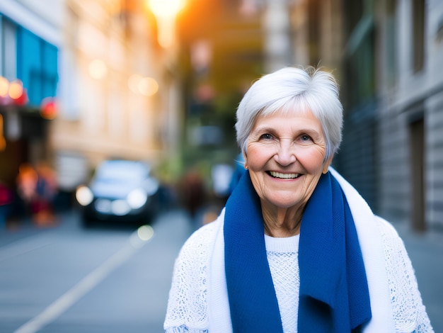 Femme aînée décontractée aux cheveux argentés Contexte de la ville AI générative