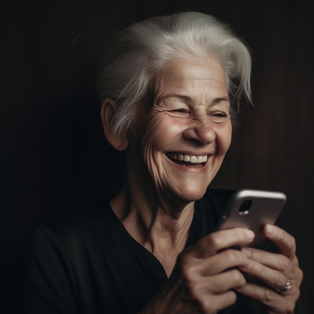 femme aînée, sourire, à, smartphone