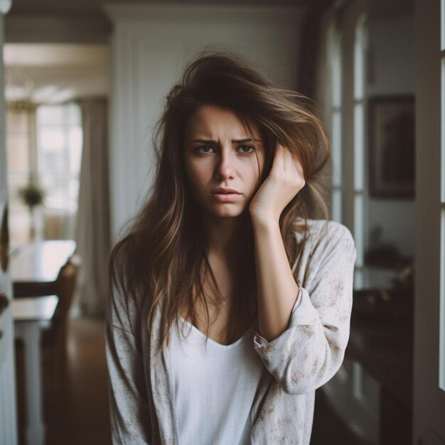 une femme avec un air inquiet sur son visage