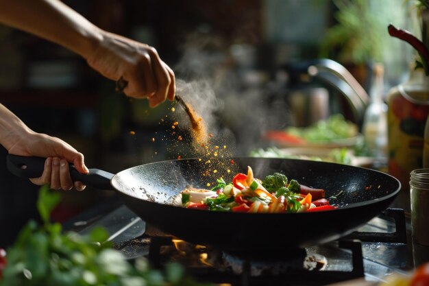 une femme ajoutant des épices à un wok et cuisinant des légumes