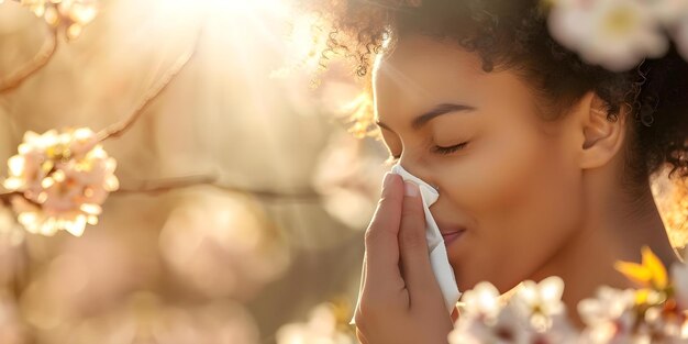 Femme allergique éternuant dans une serviette en plein air entourée de fleurs en fleurs Concept Allergies Éternuant en plein air en fleurs