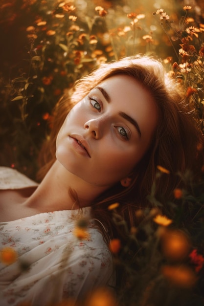 Une femme allongée dans un champ de fleurs Image AI générative