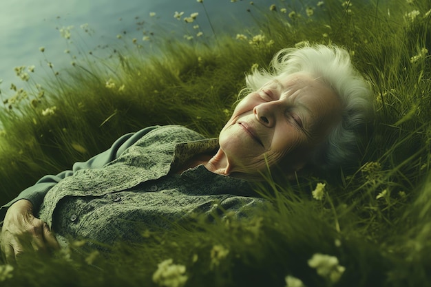 Une femme allongée dans un champ de fleurs