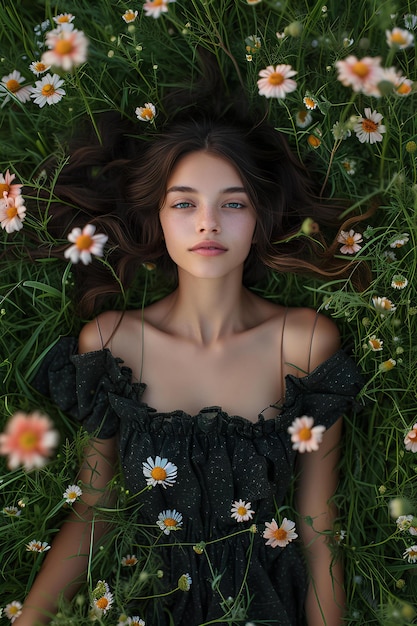 Une femme allongée dans un champ de fleurs