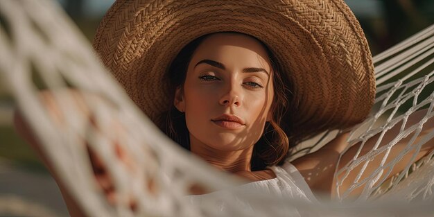 femme allongée dans un hamac avec un chapeau dans le style des portraits de plage