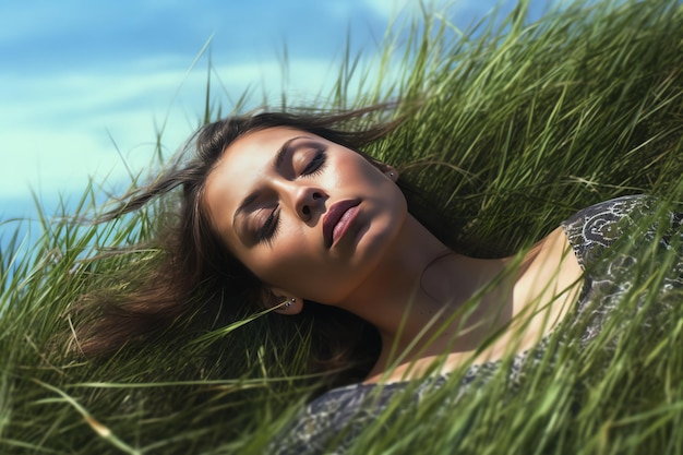 Une femme allongée dans l'herbe avec les yeux fermés