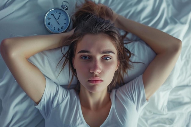 Photo une femme allongée dans le lit avec un réveil
