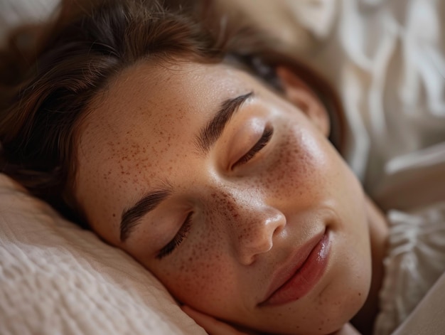 Une femme allongée dans le lit, les yeux paisiblement fermés, émettant un sentiment de sérénité et de relaxation.