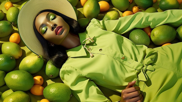 Une femme allongée dans une pile de fruits Generative Ai