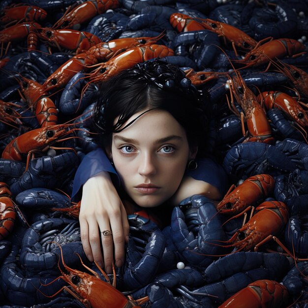 une femme allongée dans une pile de homards avec des bleuets en arrière-plan